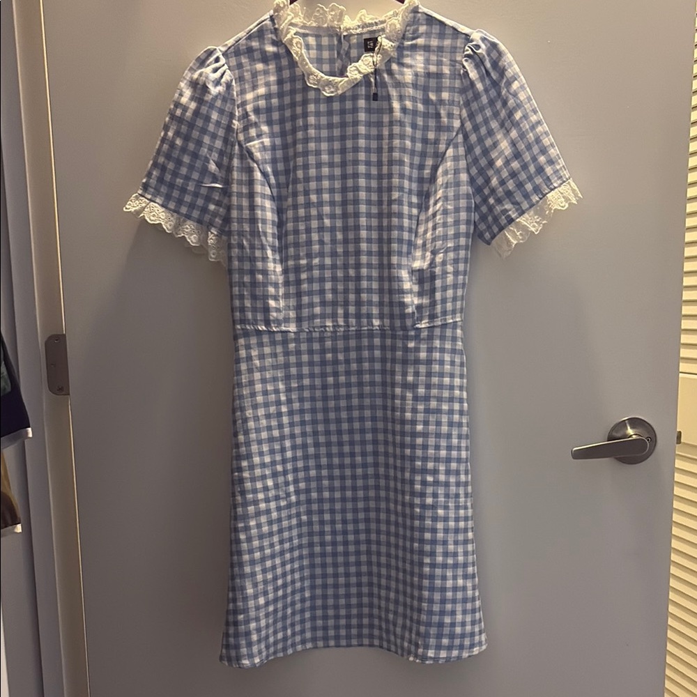 Blue Gingham Dress with Lace Trim